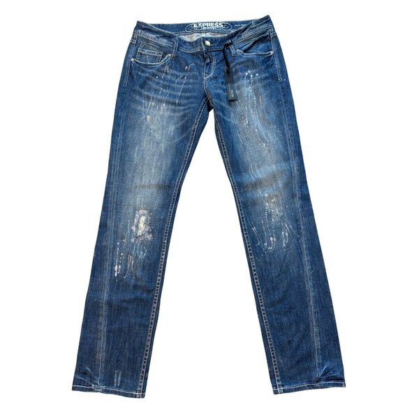 Express Skinny Jeans Size 12 Zelda Distressed Paint Spatter Glitter Denim Blue V - Picture 1 of 13
